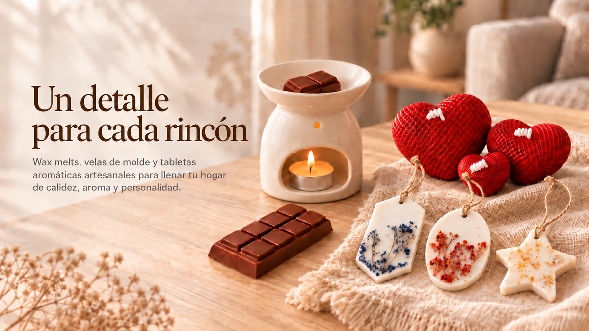 Hornito Ardea encendido con wax melts de colores, velas decorativas y tabletas aromáticas
