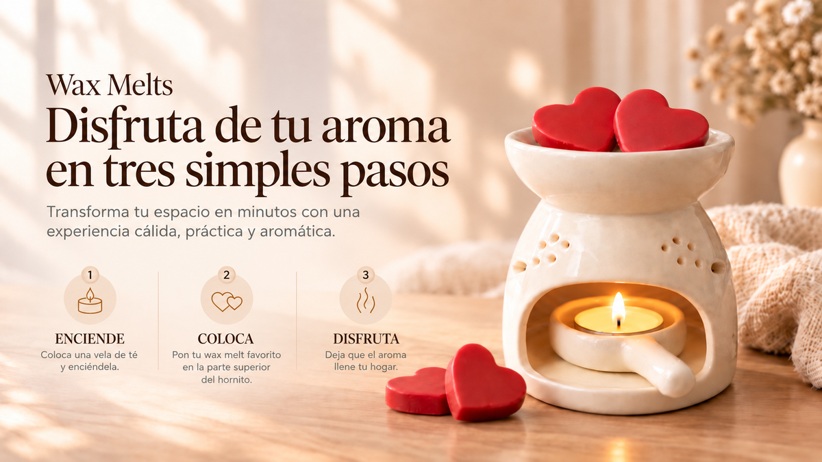 Modo de uso, paso a paso de los wax melts, hornito encendido con wax melts en forma de corazon.